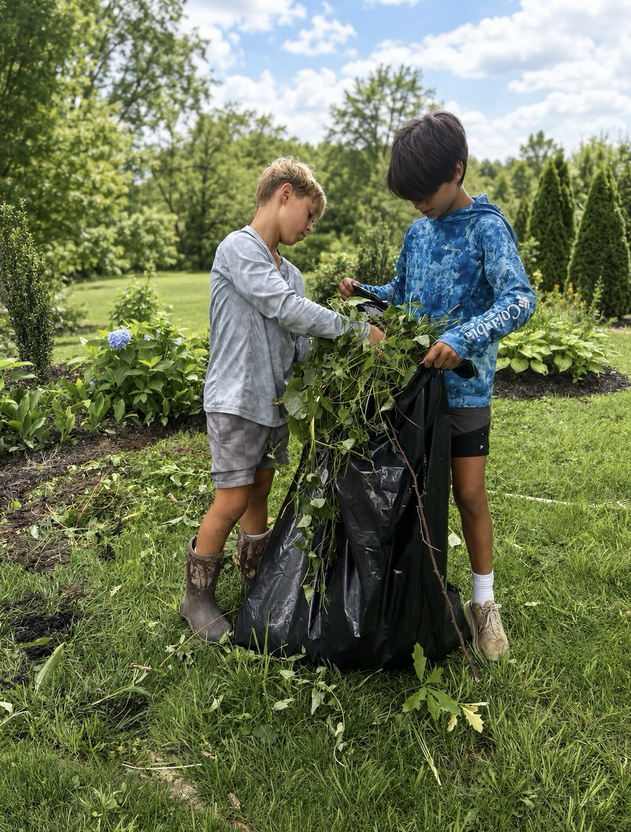 Volunteers raking leaves at The Nest